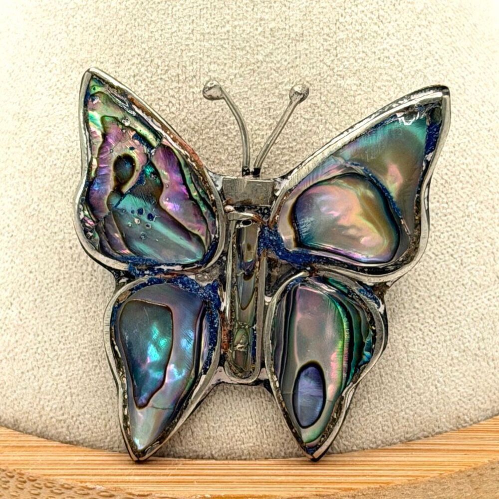 Vintage Alpaca Mexico Abalone Shell Butterfly Brooch